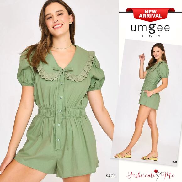 Umgee Collared Neckline Short Sleeves Smocked Details Button Down Romper | Sage - Picture 1 of 6